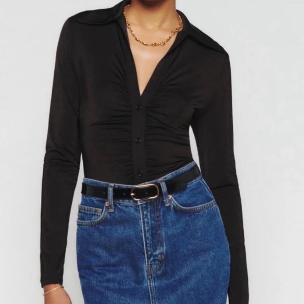 Reformation Black Collared Ruched Long Sleeve